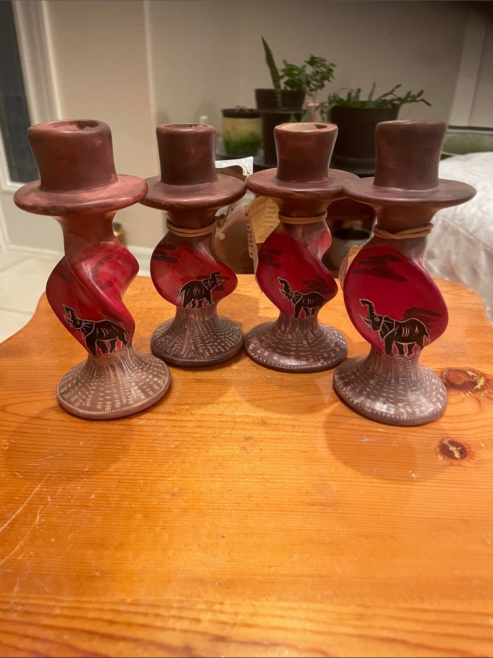 Hand crafted ceramic Red Elephant Candle Holders - Set of 4